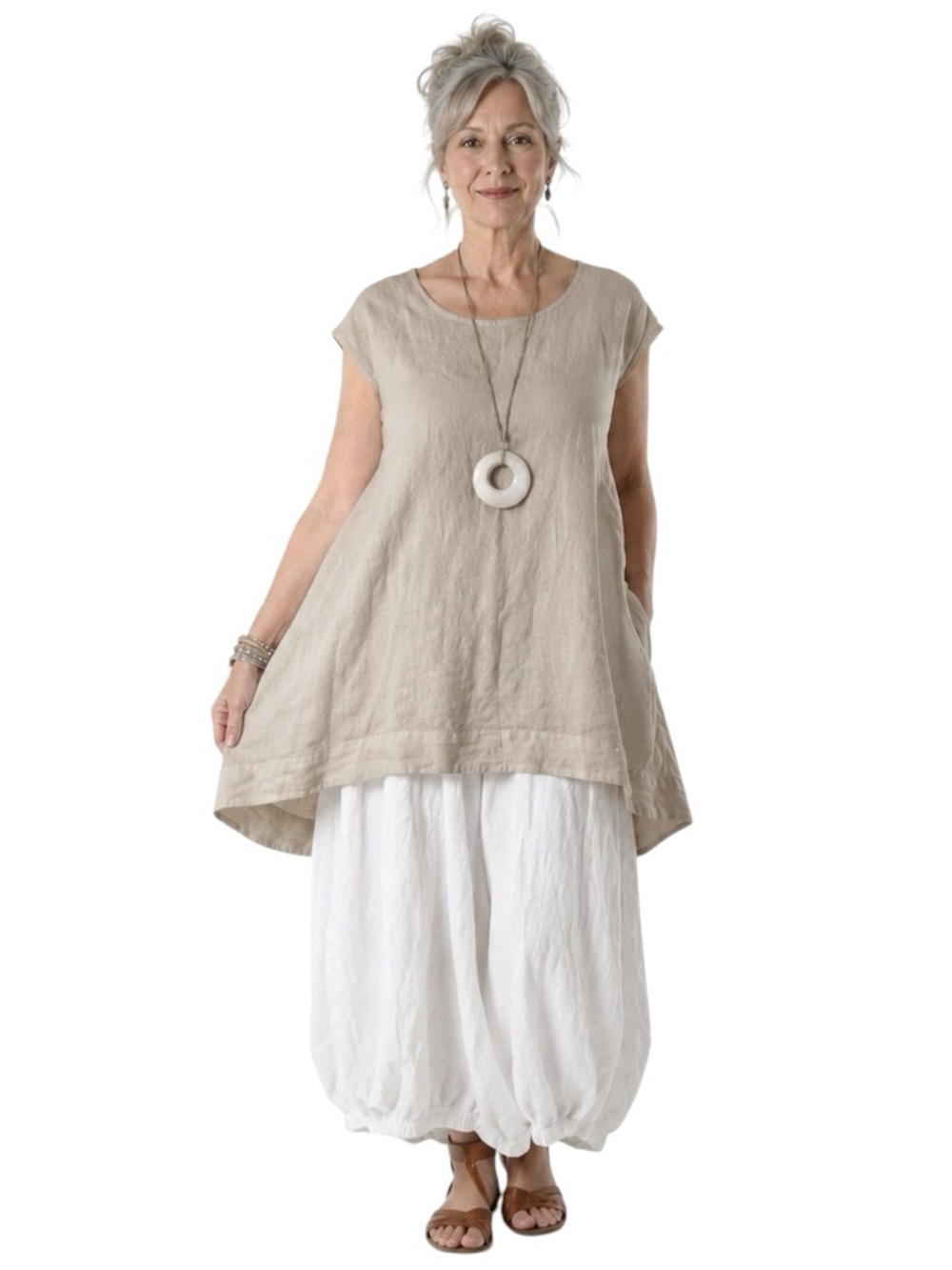 Bryn Walker “Amy” Tunic Heavy Linen, Natural, Cap Sleeves Scoop Neck Lagenlook L